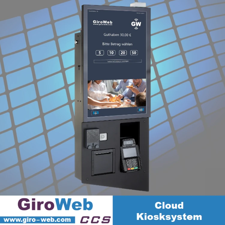 Cloud-Kiosksystem mit Touch-Terminal, Digital Signage, Mobile Payment und GiroWeb Fernsupport
